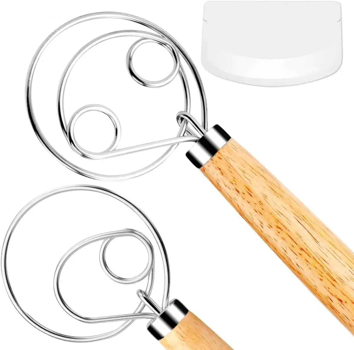 2PCS Danish Dough Whisk Bread Mixer, Premium Stainless Steel Dutch Whisk With a Dough Scraper for Bread, Pastry or Pizza Dough - Perfect Baking