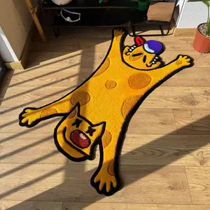 Bizarre Double Headed Cute Pet Alien Carpet Cartoon Pattern Rug Color Contrasting Plush Floor Mat Bedside Non slip Water absorbing Foot Mat Esports Room Decorative Mat Compatible with Ins Style/Trendy Play Personalized Home Decoration