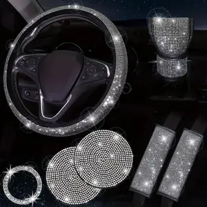 Bling Car Accessories for Women, Bling Steering Wheel Cover Bling Car Coasters Bling Set Seat Belt Shoulder Pads Ring Emblem Sticker Gear Shift Cover Sticker for Cars