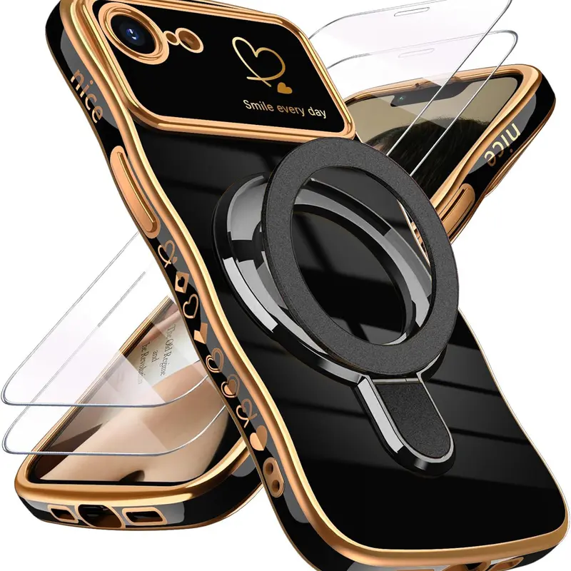Women’s Girly Love-Heart Luxury Gold Soft Silicone Shockproof Bumper Case for iPhone 17e/16e - with Camera Protection, Kickstand, 2X Screen Protector, Black (Protective Cellphone Accessory)
