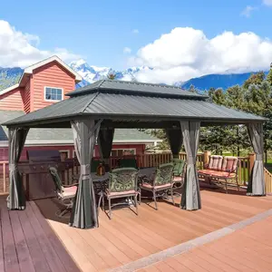 Domi 12’ X 20’ Hardtop Gazebo Canopy with Netting & Curtains, Outdoor Aluminum Gazebo with Galvanized Steel Double Roof for Patio Lawn and Garden