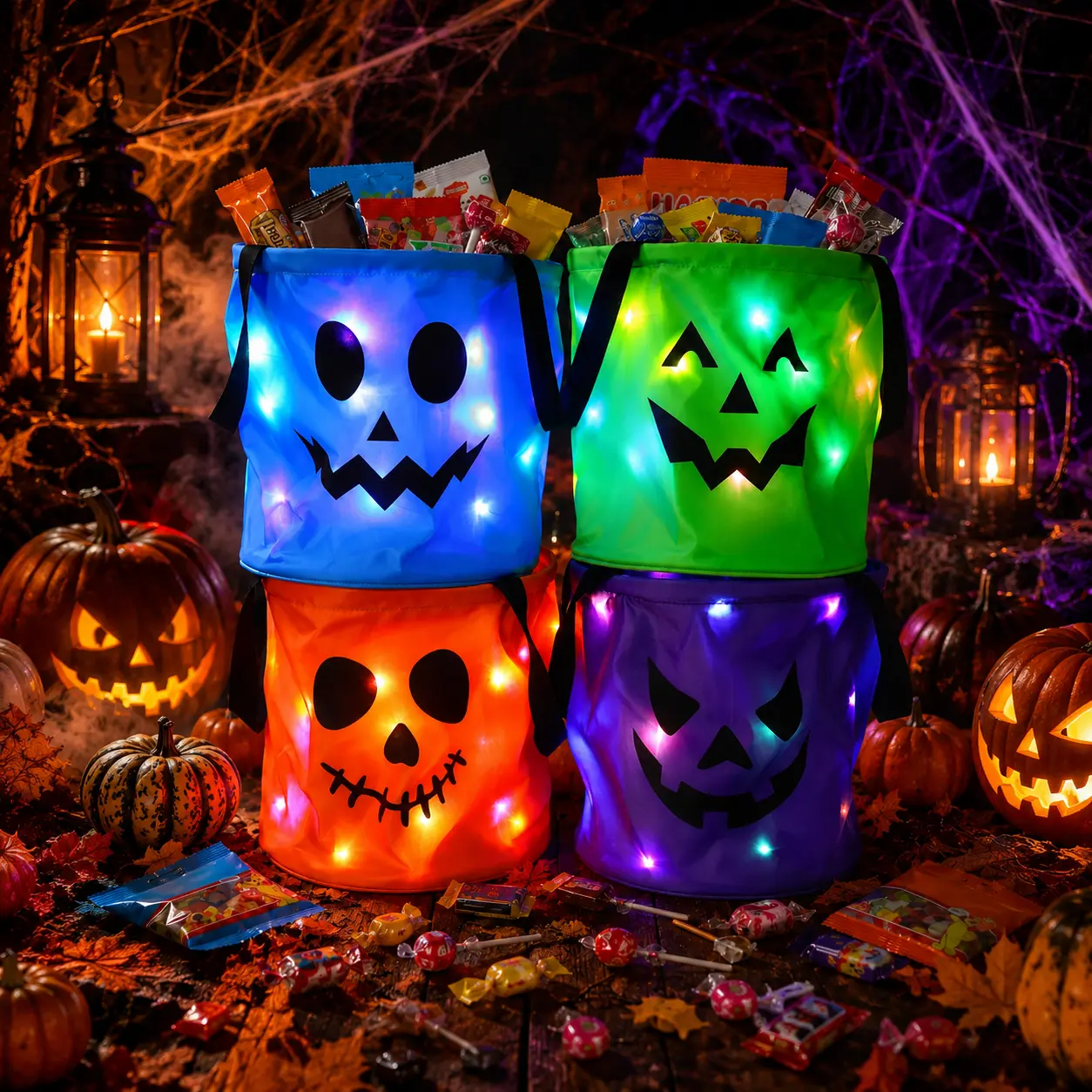 3/4 Pcs LED Light-Up Halloween Candy Buckets, Reusable Non-Woven Trick-or-Treat Bags with Pumpkin Faces, Large Candy Tote Bags for Kids, Halloween Party, Home, Porch & Lawn Decorations
