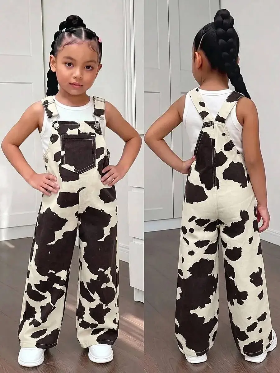 Young Girl Fashionable Sleeveless Loose Casual Dark Blue Denim Bib Pants