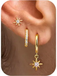 Gold Hoops Earrings for Women - Small Sterling Silver Stud Earrings Huggies Dainty Hypoallergenic 14k Gold Plated Earring Stacks for Cartilage 3 Pair