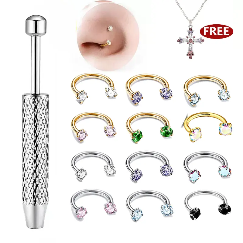 12-piece multi-style diamond-studded horseshoe nose ring set, gold and silver two-tone piercing jewelry. Suitable for daily commuting and casual holiday wear, ideal gift choice for girlfriends.