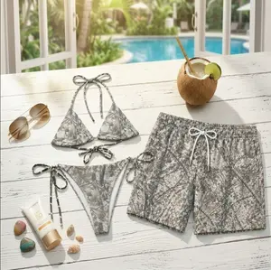 Hot Summer 2026 Matching Couple Swimwear Set, Grey Snow Camo Bikini Set & Men Hawaiian Beach Shorts