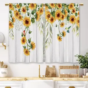Sunflower Kitchen Cafe Curtains Set of 2, Farmhouse 27.5 x 39 in Tier Window Drapes, Rustic Floral Rod Pocket Curtains