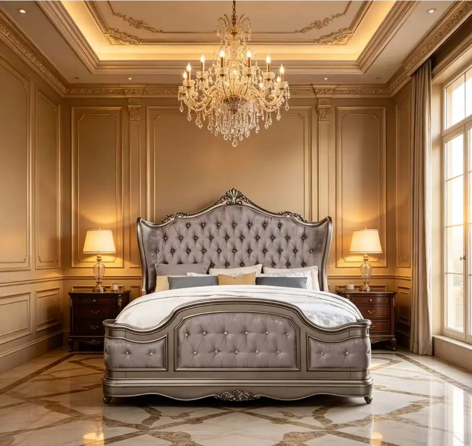Bellemave Ariadne Glam Velvet Upholstered Queen Bed Frame - Antique Platinum Finish, Button Tufting, Scroll Trim, Synthetic Wood, Indoor Bedroom Furniture