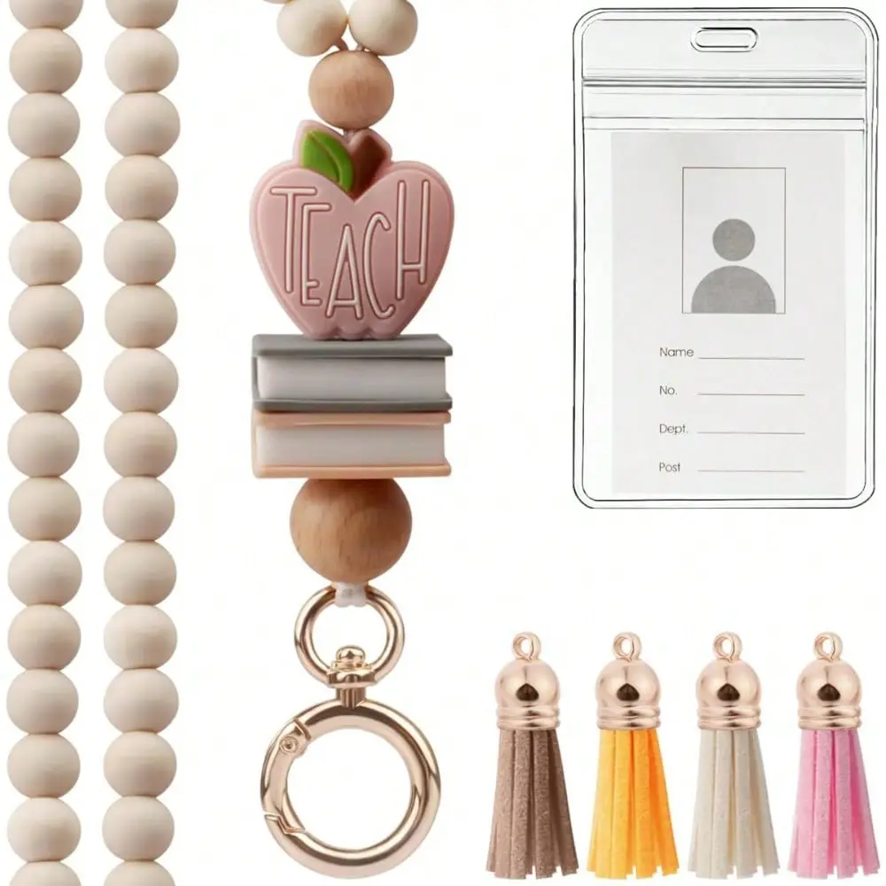 Women's Fashion Wood-Acrylic Beaded Breakaway Lanyard with ID Card Holder, Badge Reels - Home & Festive Decor Accessory, Key & ID Item for Teachers