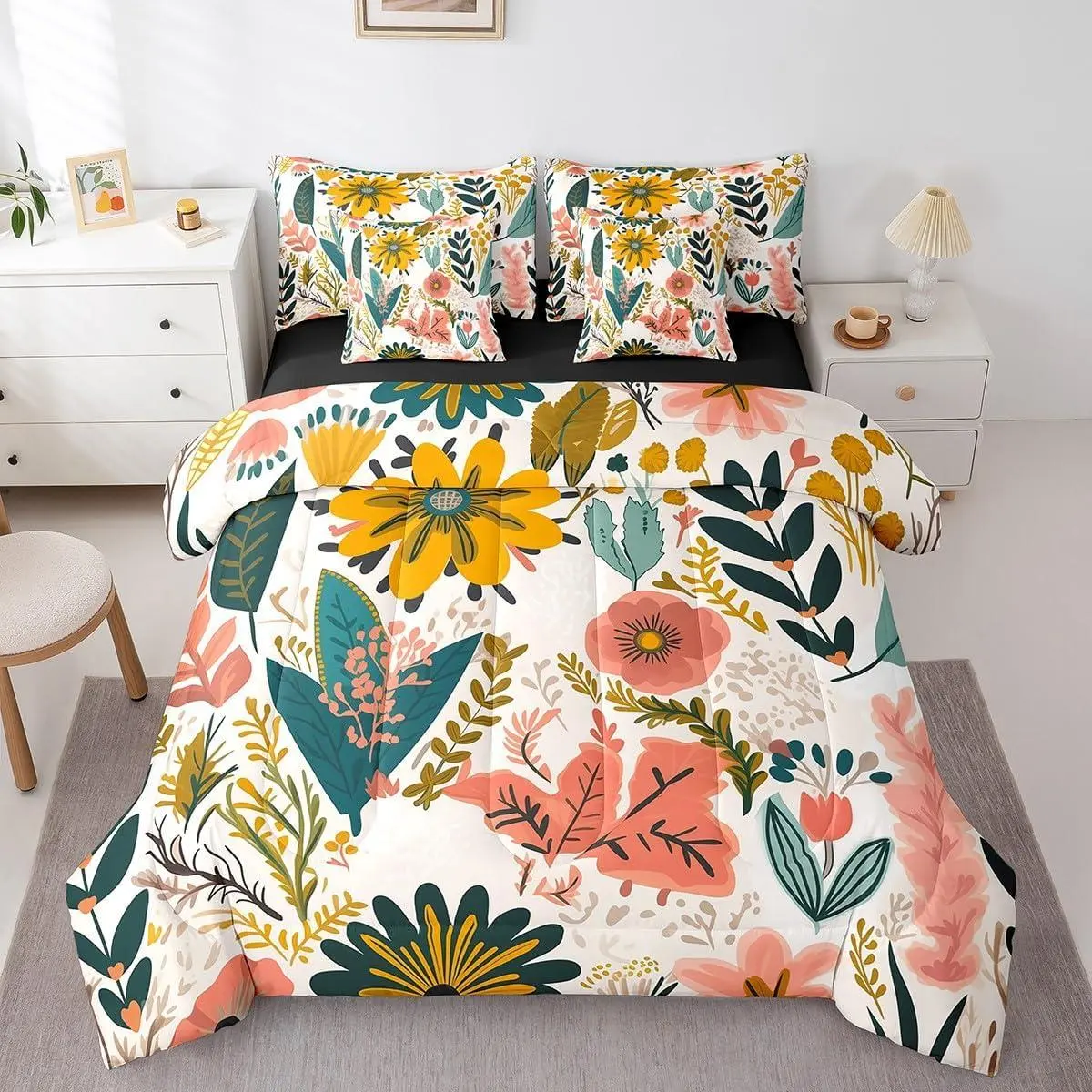 Feelyou 7pcs Bohemian Floral Print Quilt Set - King Size Bedding with Colorful Flowers & Tropical Leaves, Rustic Farmhouse Vintage Bedspread Set for Girls' Bedroom, Bedroom Decor Ideas & Nursery Ideas, Seven Pieces
