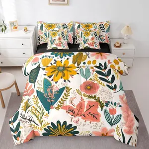 Boho Floral Comforter Bed Set,7pcs Tropical Leaves Bedding Comforter Bed Set,Girls Women,Colorful Flower Bed Bag,Rustic Farmhouse Bed Set,Chic Vintage Bed Set