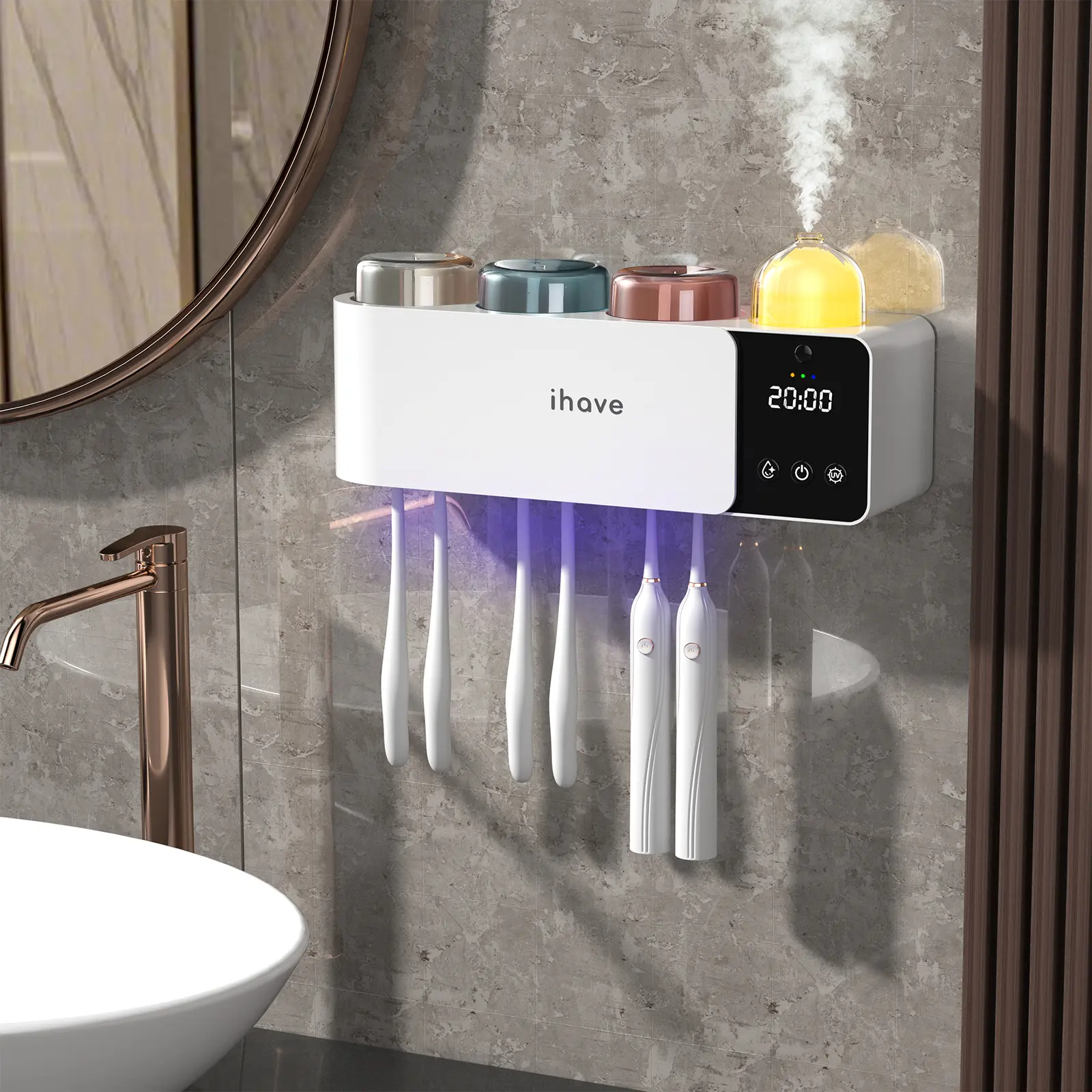 iHave Wall-Mounted Multifunctional Toothbrush Holder - Multi-Cup UV Sanitizer Dryer with Turbo Heated Drying, Aromatherapy Diffuser, Night Light, Clock, Toothbrush Protector, Adhesive Strip, Modern Bathroom Accessory, Housewarming