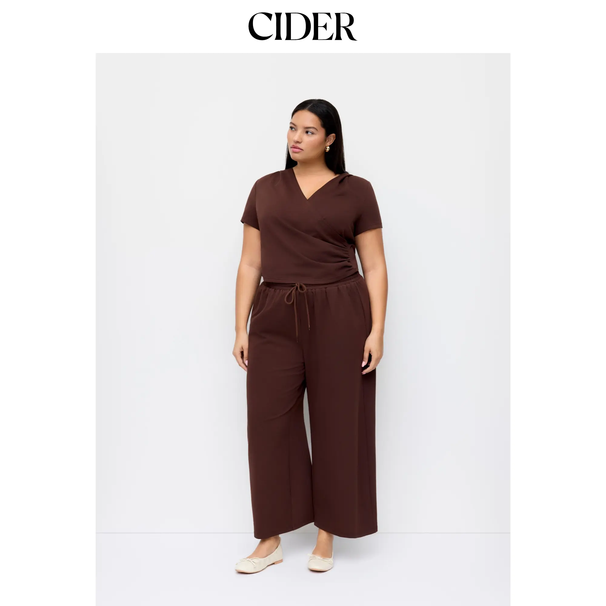 Cider Cotton-blend Hooded Wrap Top & Mid Rise Elastic Waist Trousers Set Curve & Plus