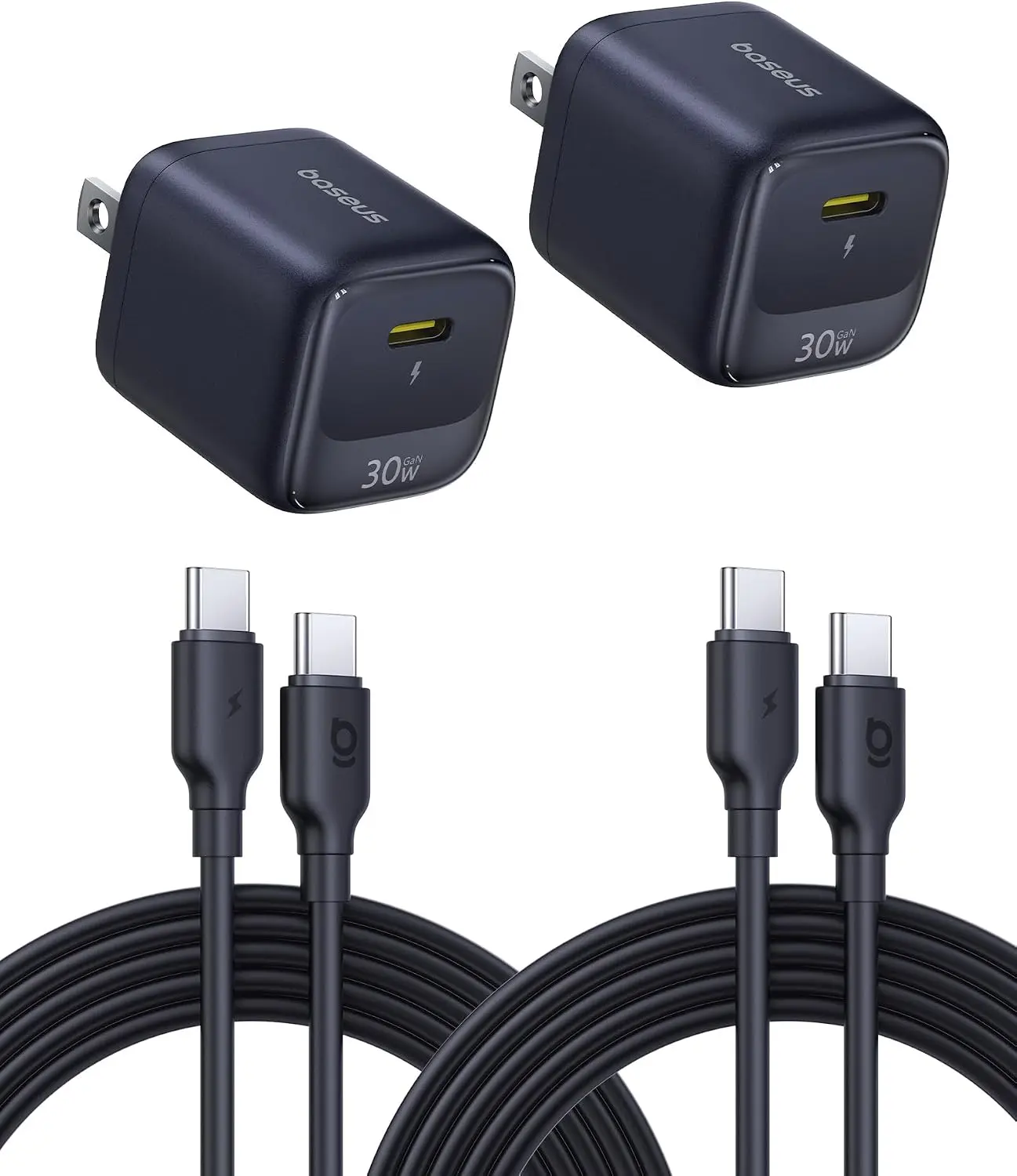Baseus 30W USB C Charger Block, 2 Pack Fast Charger Type C with USB-C Cable | Compact Wall Charger for iPhone 17/16/15 Series, iPad, Galaxy S26/S25 Ultra and MacBook Air, Black
