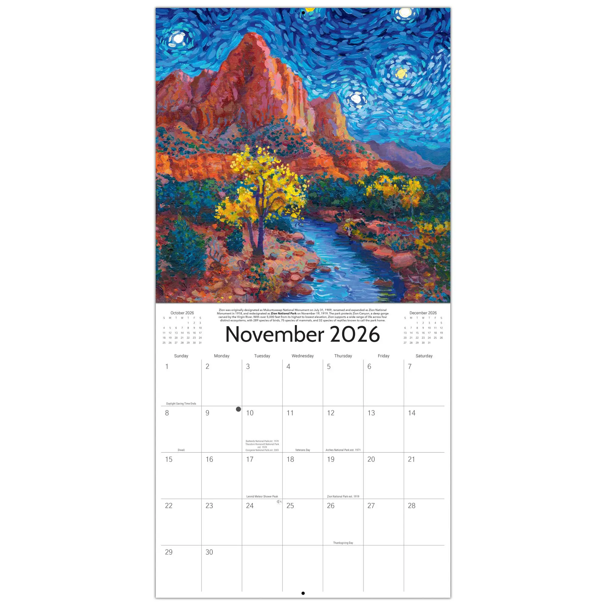 The Starry Night National Park Wall Calendar 2026 Hand Painted by Luis Rincón 12 Unique Park Paintings Made in USA Premium 12x12 inch Calendar