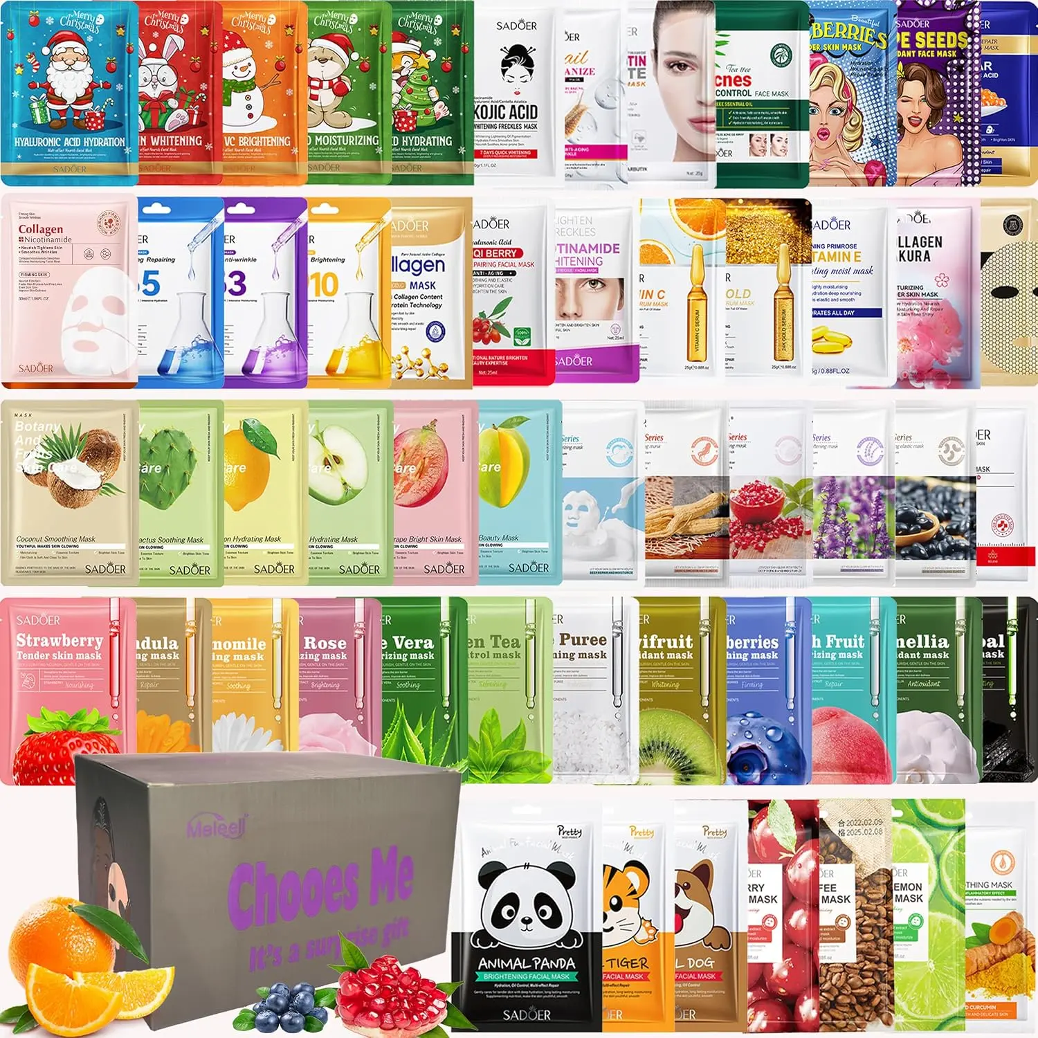 Collagen Face Masks Variety Set, 55 Pack | Animal, Bubble, Christmas & Fruit Patterns, Sheet Masks, Skincare Bulk, Gift Box for Women, Teens & Spa Lovers