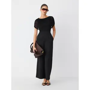 Cider Mesh Boat Neck Ruched Mid Rise Straight Leg Jumpsuit