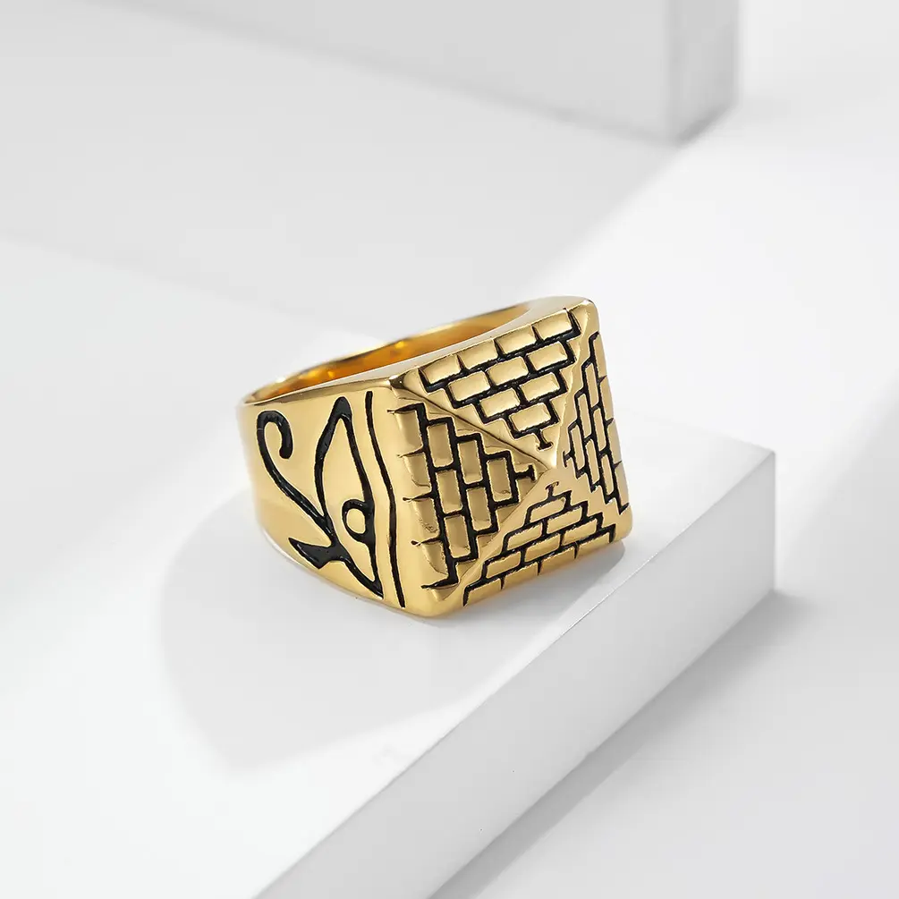 Men's Unisex Geometric Egyptian Pyramid Eye of Horus Stainless Steel Pharaoh Ring - Non-Adjustable Design, Superior Material, 19g, Suitable for Prom