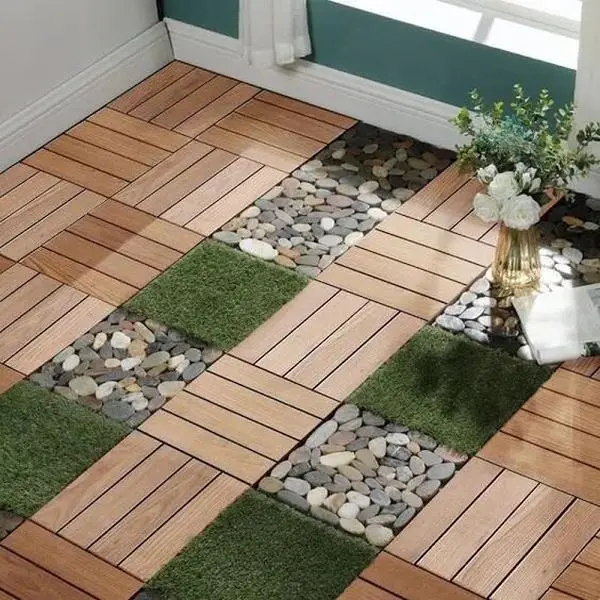 11-Pack 11.8in Oak WPC Interlocking Deck Tiles, Waterproof Anti-Slip DIY Quick-Install Flooring Tiles for Patio, Indoor Outdoor Use (Plastic Wood Interlocking Pieces Click-Parquet), Flooring Tiles Click-Parquet Faux Teak