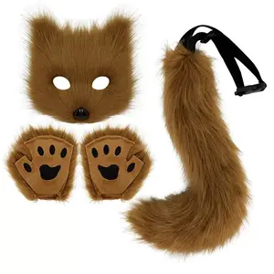 Masquerade Party Performance Mask Christmas Faux Fox Mask Plush Fox Tail & Ears Furry Tail Novelty Accessory Women's Face Mask with Tail