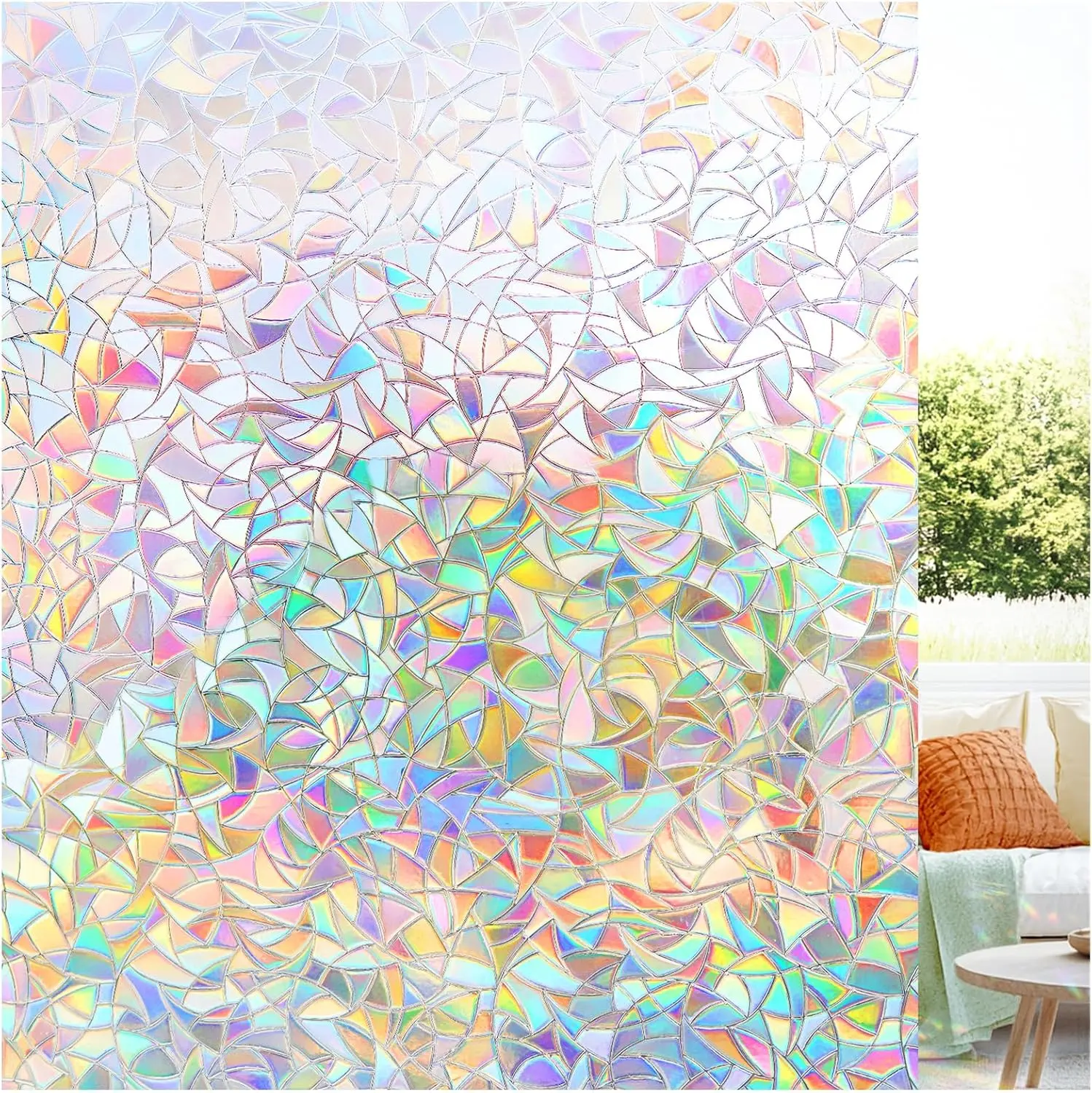 Decorative 3D Waterproof Stained Glass Rainbow Window Film, Non-Adhesive Static Cling Vinyl Removable Decal, Sun-UV Blocking Home Decor Glass Sticker, 17.5x78.7 in