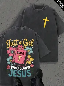 Vintage Just A Girl Who Loves Jesus Floral Bible Cross Christian T-Shirt, Washed Dark Gray Cotton Oversized Short Sleeve Tee, Front Back Print Faith Casual Crewneck Shirt