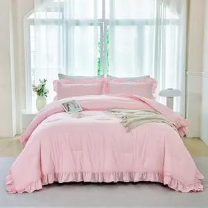 5 Pieces Pink Comforter Set Queen Size Ruffled Bedding Sets Farmhouse Bed Comforter Set with Ruffle Color Bed in A Bag for()