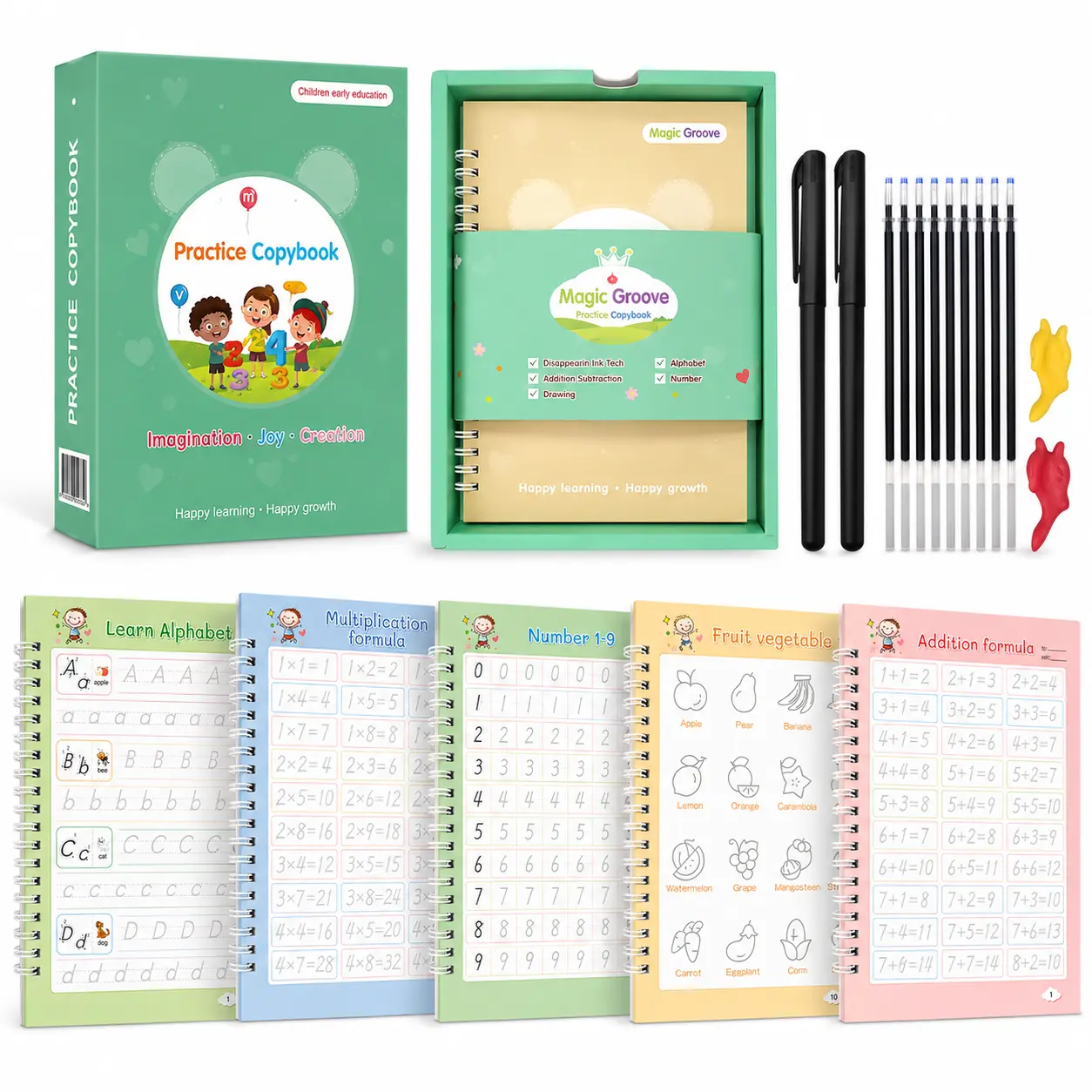 Kids Reusable Handwriting Practice Copybook Set, 5 Magic Groove Tracing Workbooks with 2 Pens, 10 Refills & 2 Pen Grips, Preschool Learning Book, Alphabet, Numbers, Math, Drawing, Back to School Educational Gift