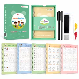 Kids Reusable Handwriting Practice Copybook Set, 5 Magic Groove Tracing Workbooks with 2 Pens, 10 Refills & 2 Pen Grips, Preschool Learning Book, Alphabet, Numbers, Math, Drawing, Back to School Educational Gift