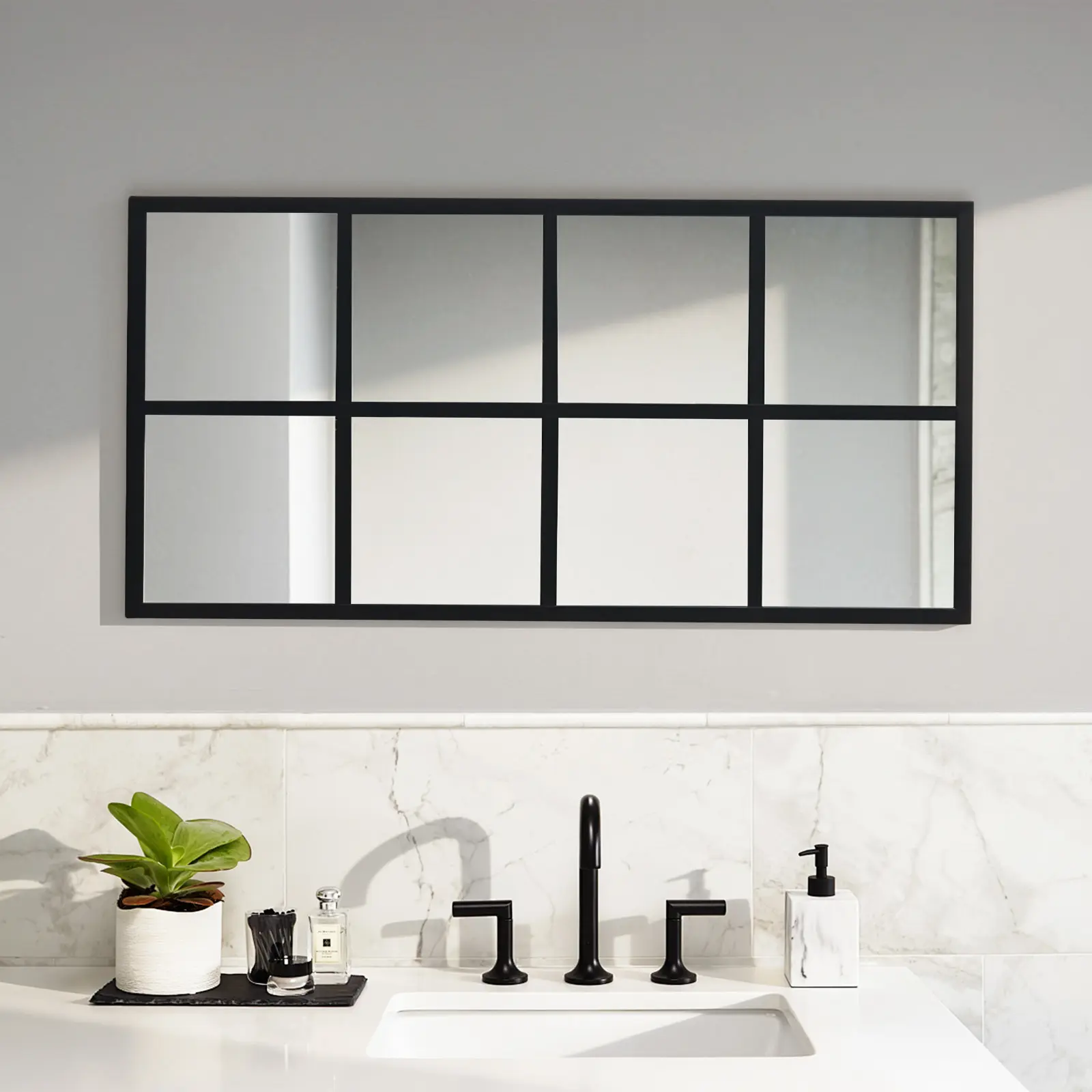 Matte Black Windowpane Grid Wall Mirror - Leaning & Hanging Decor for Bedroom, Living Room, Entryway-1 piece