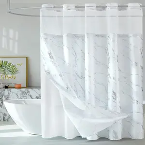 Glossy Marble Print Bathroom Removable Shower Curtain, Double-Layer Hook-Free Design with Snap-On Liner, Clear Top Window, Waterproof Easy-Clean Fabric, Elegant Hotel Style for Restroom & Bathtub, Bathroom Decoration Accessories