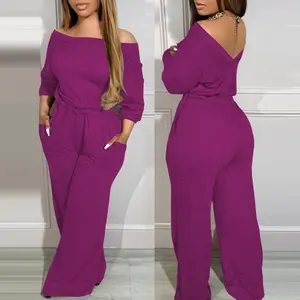 ChicMe Women's Off Shoulder Jumpsuit - V Back with Pockets, Stretchy Cinched Waist & Wide Leg Pant Casual One Piece Outfit Wedding Guest