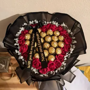 Sweet Elegance Bouquet - Heart-Shaped Roses & Premium Chocolate - 25, 50, 100 Pieces - Anniversary Gifts - Snack, Candy, Bonbon