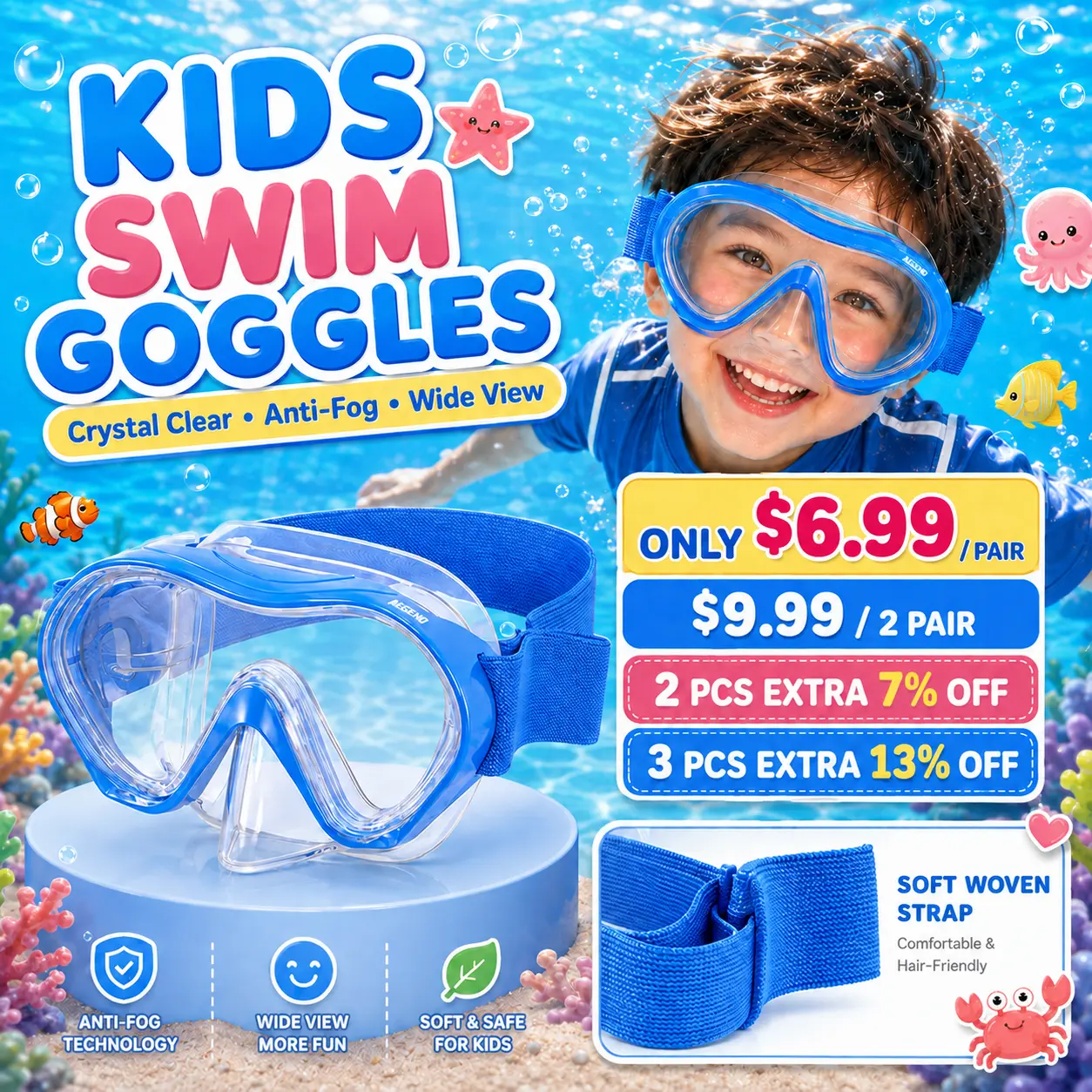 Aegend Kids' Diving Mask - Panoramic Tempered Glass Anti-Fog Lens with Soft Silicone Seal - Adjustable Tangle-Free Knitted Strap, Soft Seal, Children, Diving Masks, Snorkeling Gear, Swim Goggles, Tangle‑Free Strap tiktokshopbacktoschool