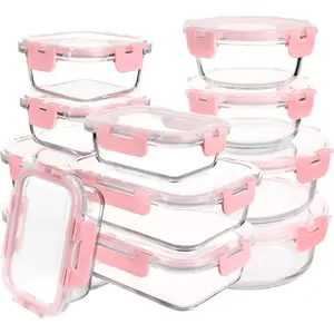 Glass Meal Prep Round Containers Set of 12 Food Storage Containers for Lunches, Dishwasher Safe, Pink Kitchen Rectangle Square Utensils