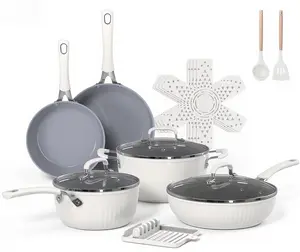 Ammeloo 15-Piece Ribbed Ceramic Cookware Set, Pots and Pans Set Non Stick, Induction Ready, Healthy Non Toxic Kitchen Cooking Set PFAS/PFOA/PTFE-Free, Silicone-wrapped Stay-Cool Handle Aluminium Metal Nonstick Frying Saucepan Stylish Nonstick Oven