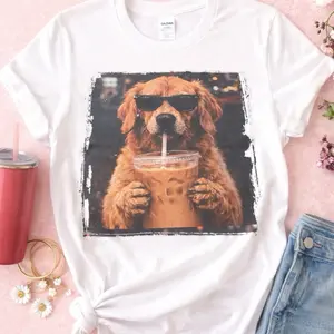 Pup and Coffee Graphic Tee - T-shirt for Womenswear, featuring a dog with sunglasses and a coffee cup, perfect for casual wear. - Top