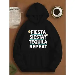 Fiesta Siesta Tequila Repeat Men's Hoodie Grey Casual Graphic Long Sleeve Sweatshirt 100% Polyester Knit Durable Machine Washable