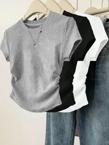 Side Ruched Waist Slim Fit Crop Top 3 Pack - Grey Black & White Casual Tees Womenswear