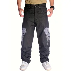 GGOR Men's Trendy Casual Jeans With Skulls Pattern Print, Retro HIPHOP Street Dance Loose Skate Pants