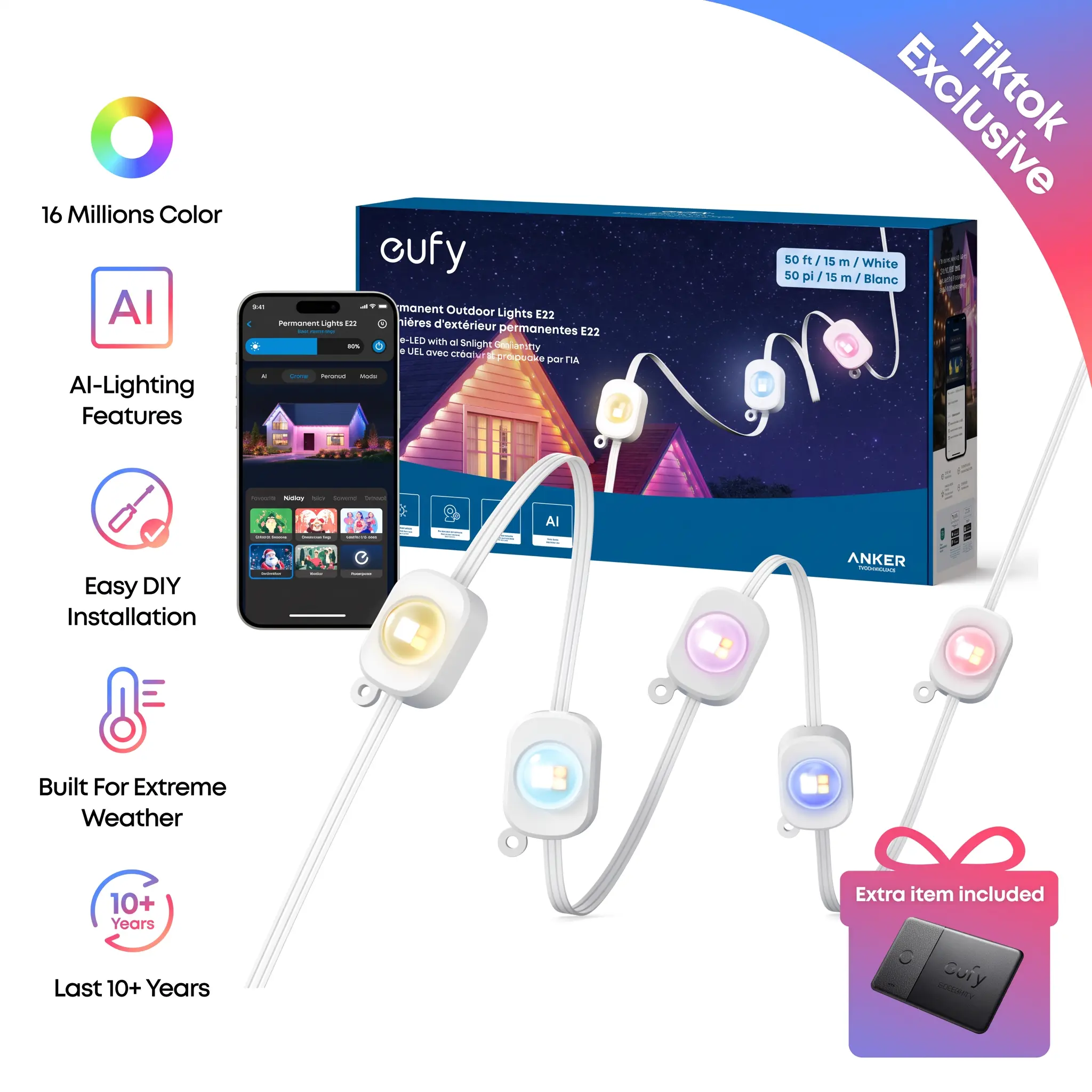 【Exclusive Bundle】eufy Security Permanent Outdoor Lights E22 With 60 Triple-LED Lights Smart RGBWW Lights Daily and Festive Up to IP67 Waterproof AI Lighting Themes for Christmas APP Control, Colorful Lights, Led Strip Lights