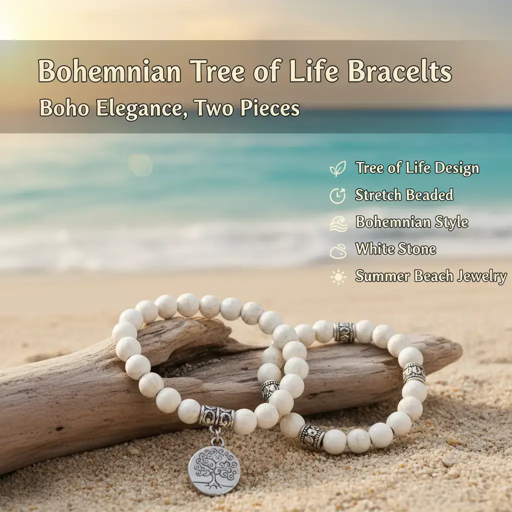 Tree of Life Stretch Beaded Bracelet Matching Sets - 2 Pcs Alloy Bohemian White Stone Bracelets & Bangles, Irritation-Free Wear Meditation Summer Beach Jewelry, Good Fortune Gift for Daily Outfits, Yes