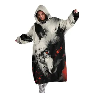 hoodie blanket，Wearable Blanket，cozy Hooded Blanket Wearable Throw Wolf Hood Digital Print Flannel Soft Warm Blanket for Sofa Home Leisure Air Conditioning Nap Office Bed Camping Travel Gift，Christmas Gift,Valentine's Day gift