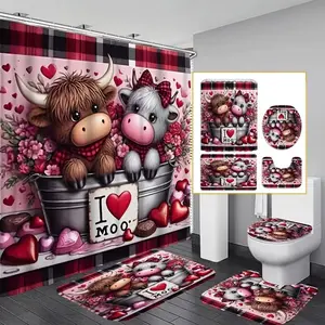 1/4pcs Valentine's Day Highland Bull Pattern Shower Curtain Set, including shower curtain, toilet seat cover, rectangular mat, U-shaped mat, comes with 12 shower curtain hooks, Waterproof, Decorative Shower Curtain