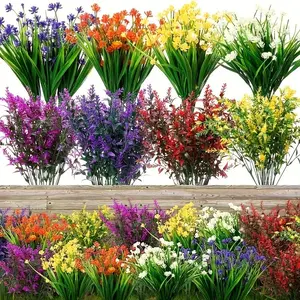 8 Bundles of Outdoor Artificial Flowers - Realistic Multicolor Wildflower Bouquet with Campanulas, Daisies, and Blueberry Blossoms - Fade-Resistant Plastic Flowers, Suitable for Weddings, Homes, Hotels, Cemeteries, Courtyards, Gardens, and Vases