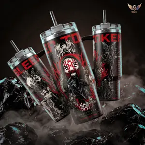 Sleep Token Band 40 oz Vacuum Insulated Stainless Steel Tumbler Water Bottle, Handle & Straw, Red Black Masked Figure Graphic, Leakproof Portable Travel Mug for Metal Fans Dark Aesthetic Merch Gift