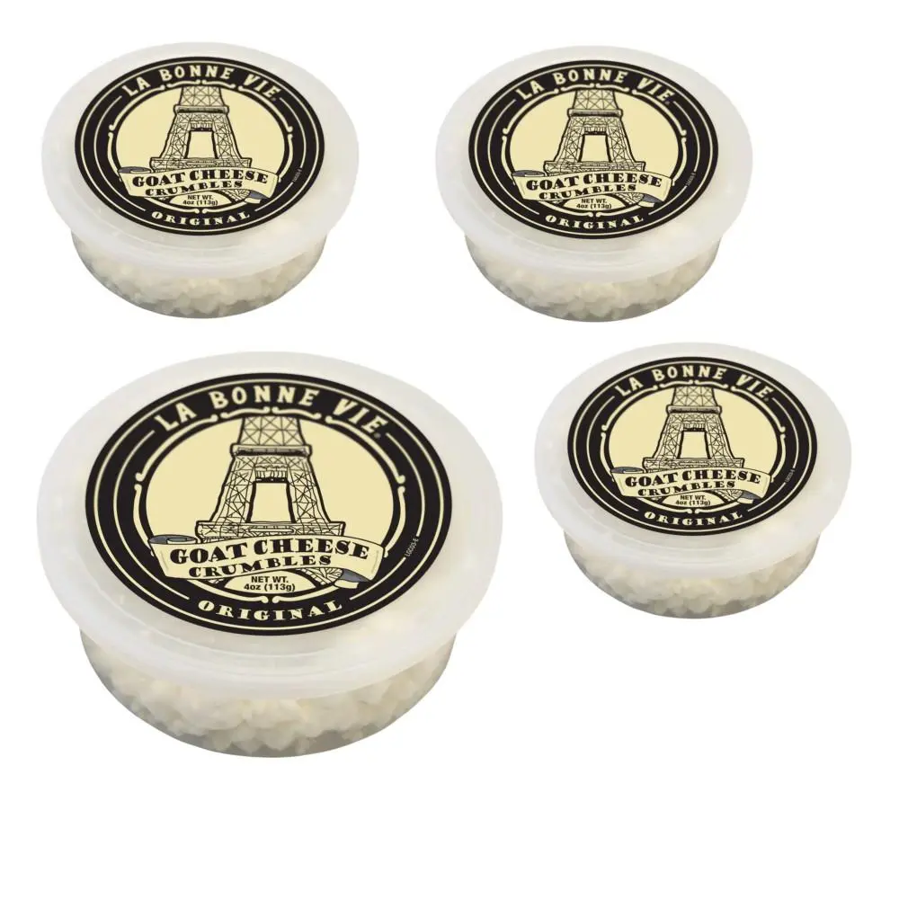 LA BONNE VIE Original Same Tangy Fresh Flavor Goat Milk Base Vegetarian Cheese Crumbles, 4 Individual 4oz Chilled Packs - Ideal for Baking, Convenient Culinary Use