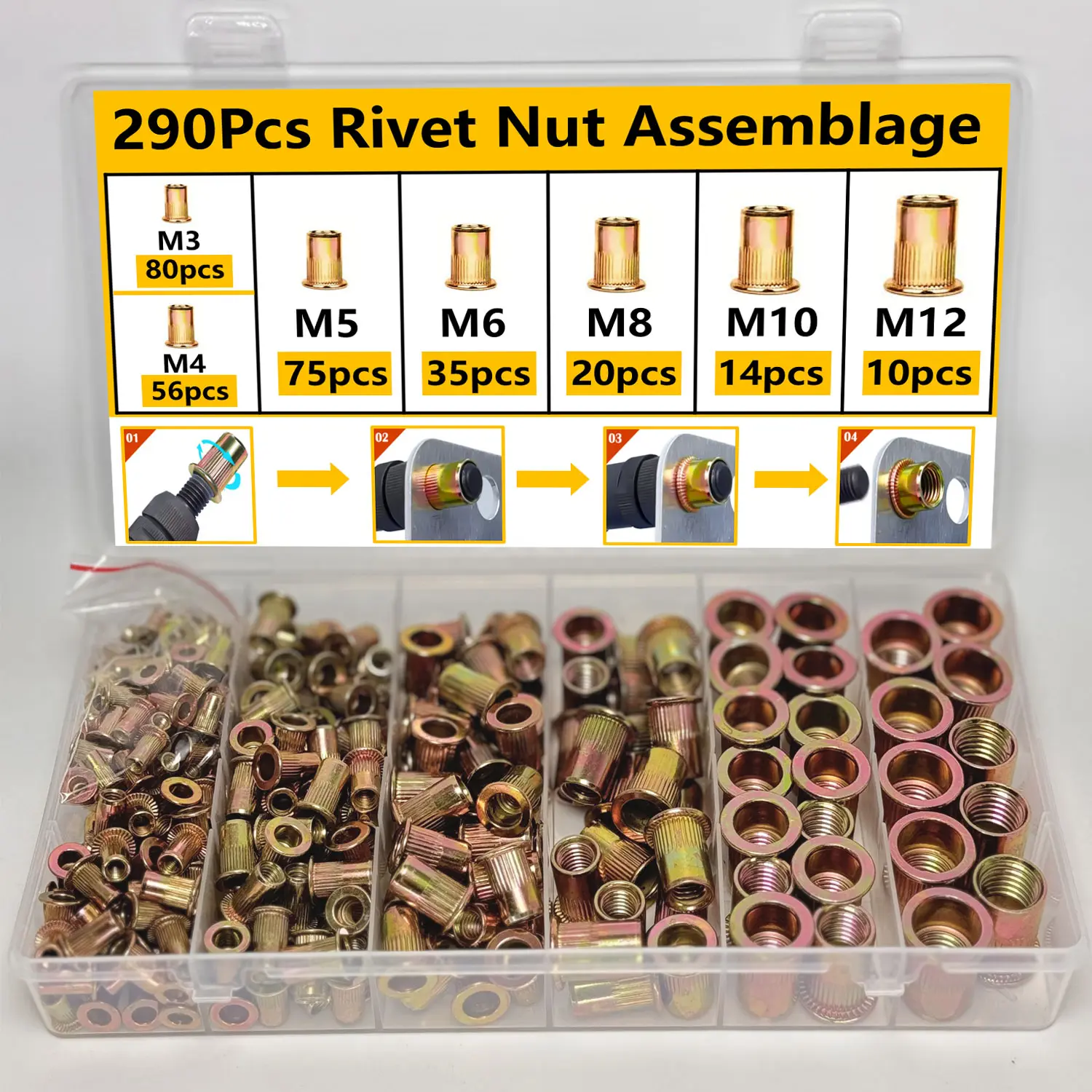 290pcs Rivet Nuts Metric Threaded Rivet Nut Set, Carbon Steel Rivet Nuts Hardware for Car Furniture Decoration Sheet Metal Assembly Industrial Products