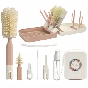 8-in-1 Baby Bottle Brush Set with Drying Rack, Portable Travel Bottle Cleaning Kit, Silicone Cleaner for Newborn Essentials, Nipple & Straw Brush, Soap Dispenser