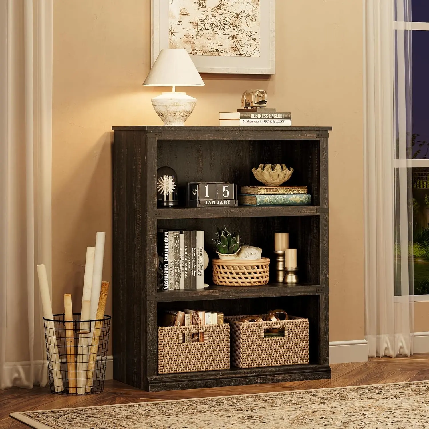 Rustic Traditional 3-Tier Oak Farmhouse Wooden Bookcase - Space-Saving, Classic Colonial Molding Design, Durable, Assembly Required, Clutter-Free Storage Shelf for Living Room, Home Office